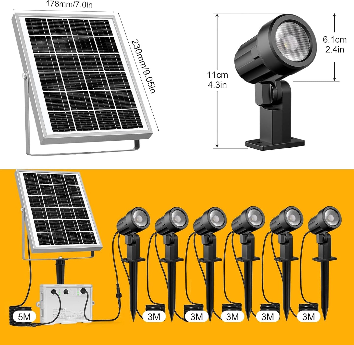 Set 6 lampi gradina cu panou solar, proiector cu LED RGB si telecomanda, acumulator 6000 mAh, impermeabila IP66, 12 moduri iluminare in 10 culori diferite, cu tarus si cablu de 20 metri lungime