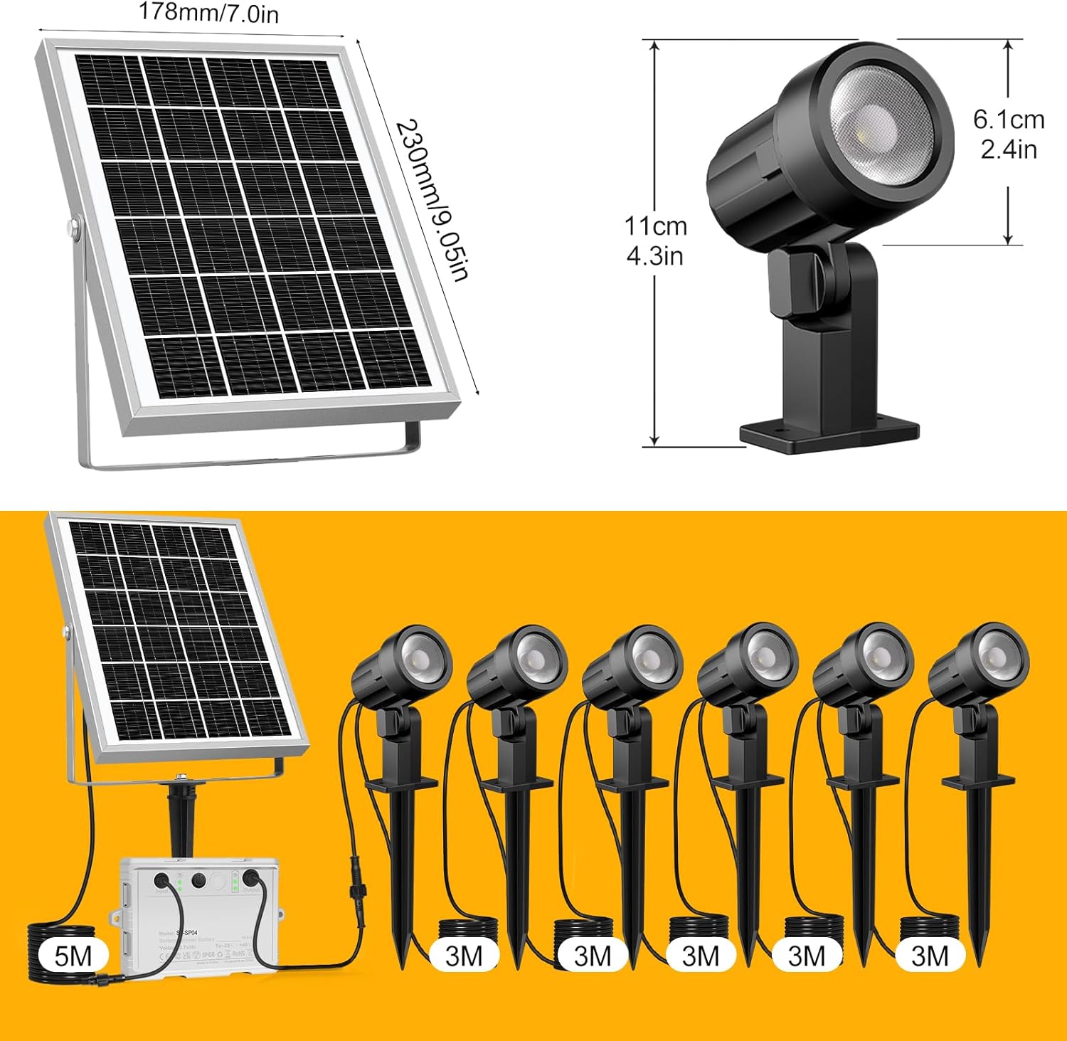 Set 6 lampi gradina cu panou solar, proiector cu LED RGB si telecomanda, acumulator 6000 mAh, impermeabila IP66, 12 moduri iluminare in 10 culori diferite, cu tarus si cablu de 20 metri lungime