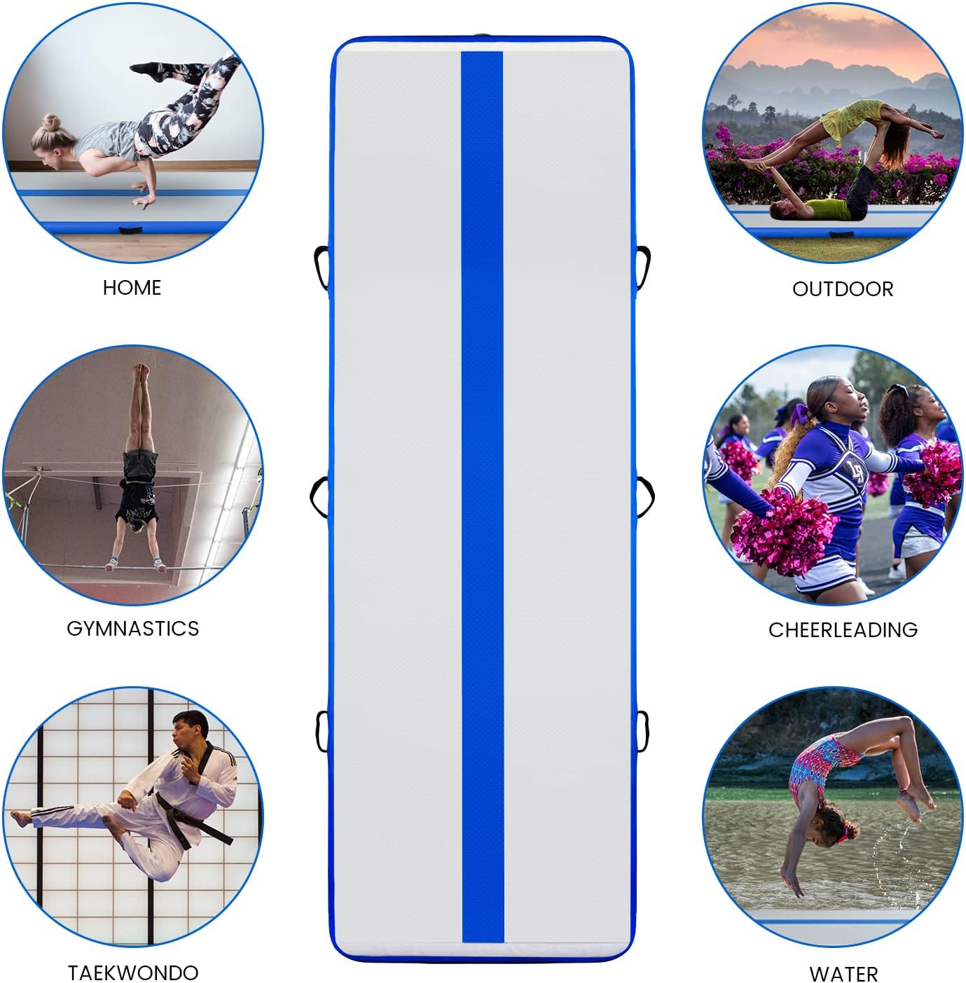 Saltea pentru antrenament gimnastica, gonflabila, 300 x 100 x 10 cm, din PVC, rezistent UV, cu pompa electrica si geanta de transport, albastra