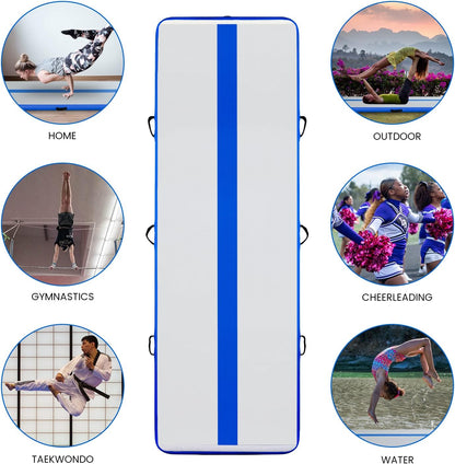 Saltea pentru antrenament gimnastica, gonflabila, 300 x 100 x 10 cm, din PVC, rezistent UV, cu pompa electrica si geanta de transport, albastra