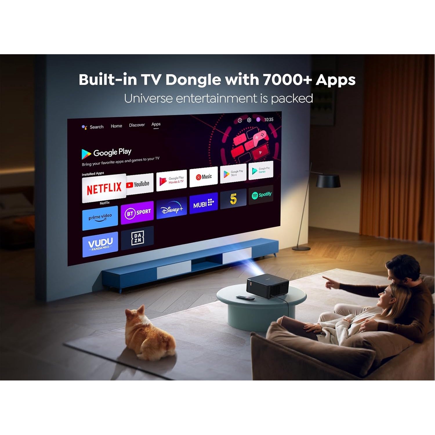 Videoproiector smart cu Android TV 11.0, WiFi 6, Bluetooth, 1000 ANSI, Dolby Audio, difuzoare JBL, 1080P Full HD, autofocus, corectie keystone automata 6D, compatibil Alexa si Screencast NFC, 17.000 lumeni