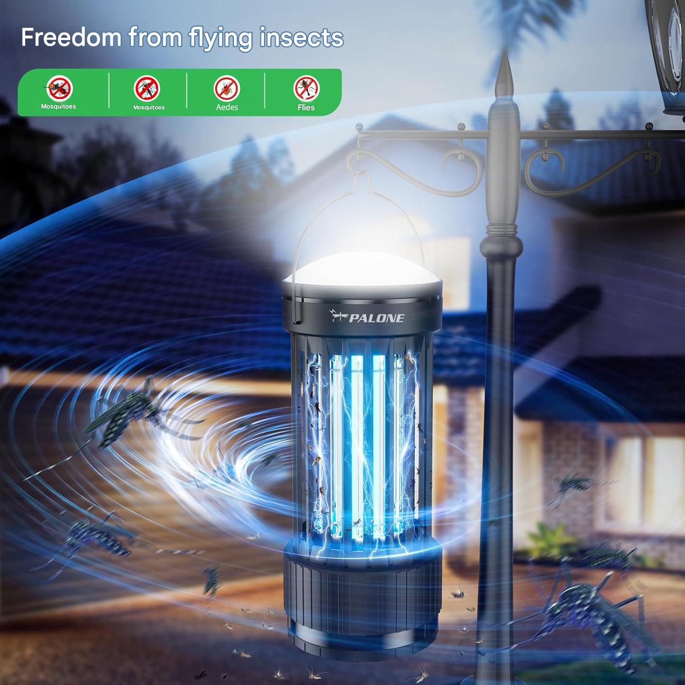 Lampa insecticid electric PALONE 4500V, baterie 4000 mAh, UV 365 nm, USB-C, extensibila cu LED reglabil, capcana anti-tantari 360°, utilizare interior si exterior, fara substante chimice