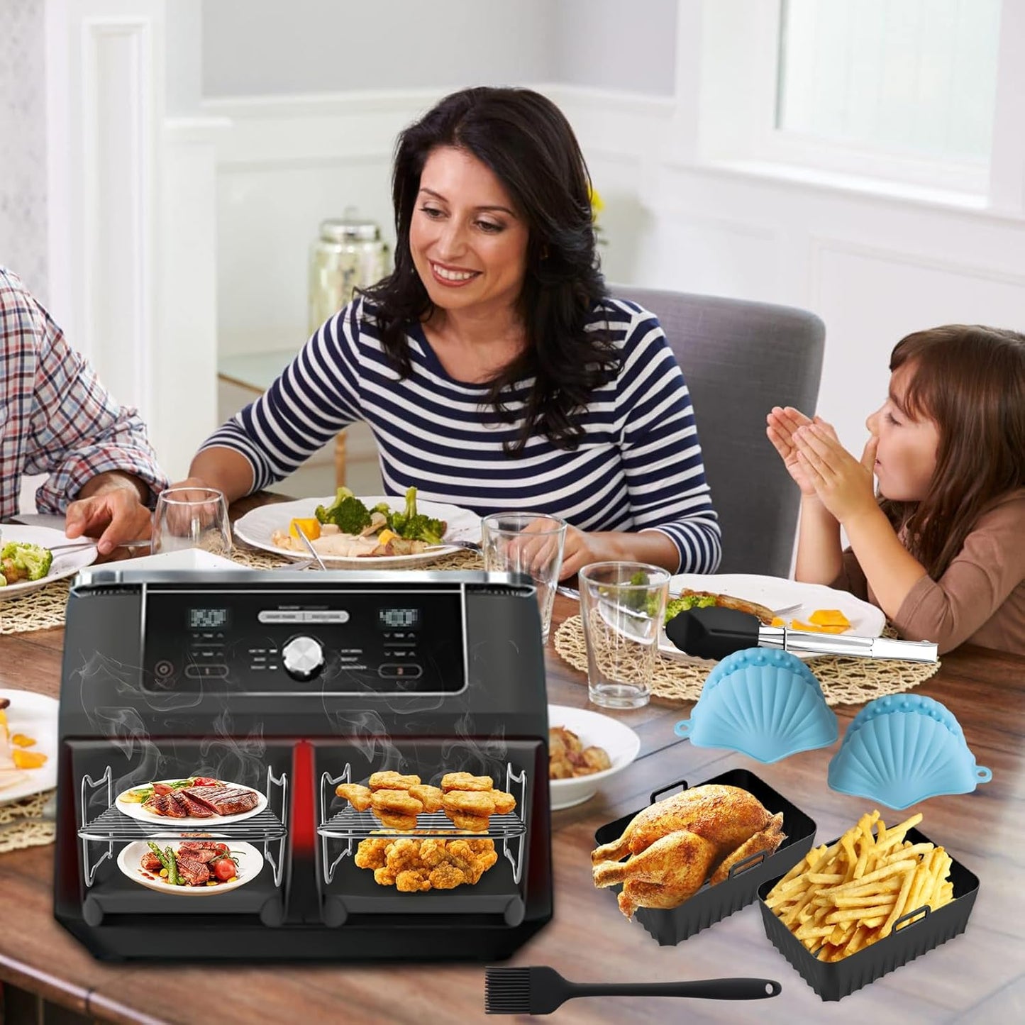 Set accesorii friteuza aer cald, 12 piese, compatibile cu Airfryer 7.6 litri, cu gratare, cleste, tavi silicon, perie pentru ulei, protectie de silicon, universal