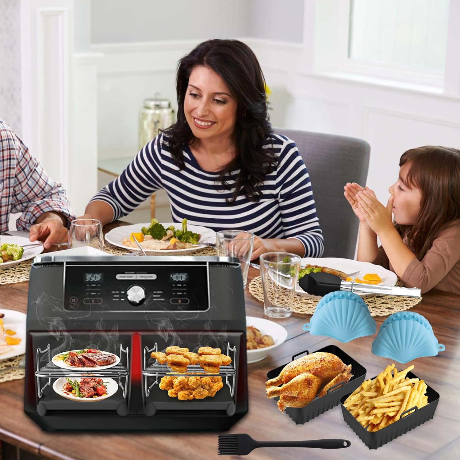 Set accesorii friteuza aer cald, 12 piese, compatibile cu Airfryer 7.6 litri, cu gratare, cleste, tavi silicon, perie pentru ulei, protectie de silicon, universal
