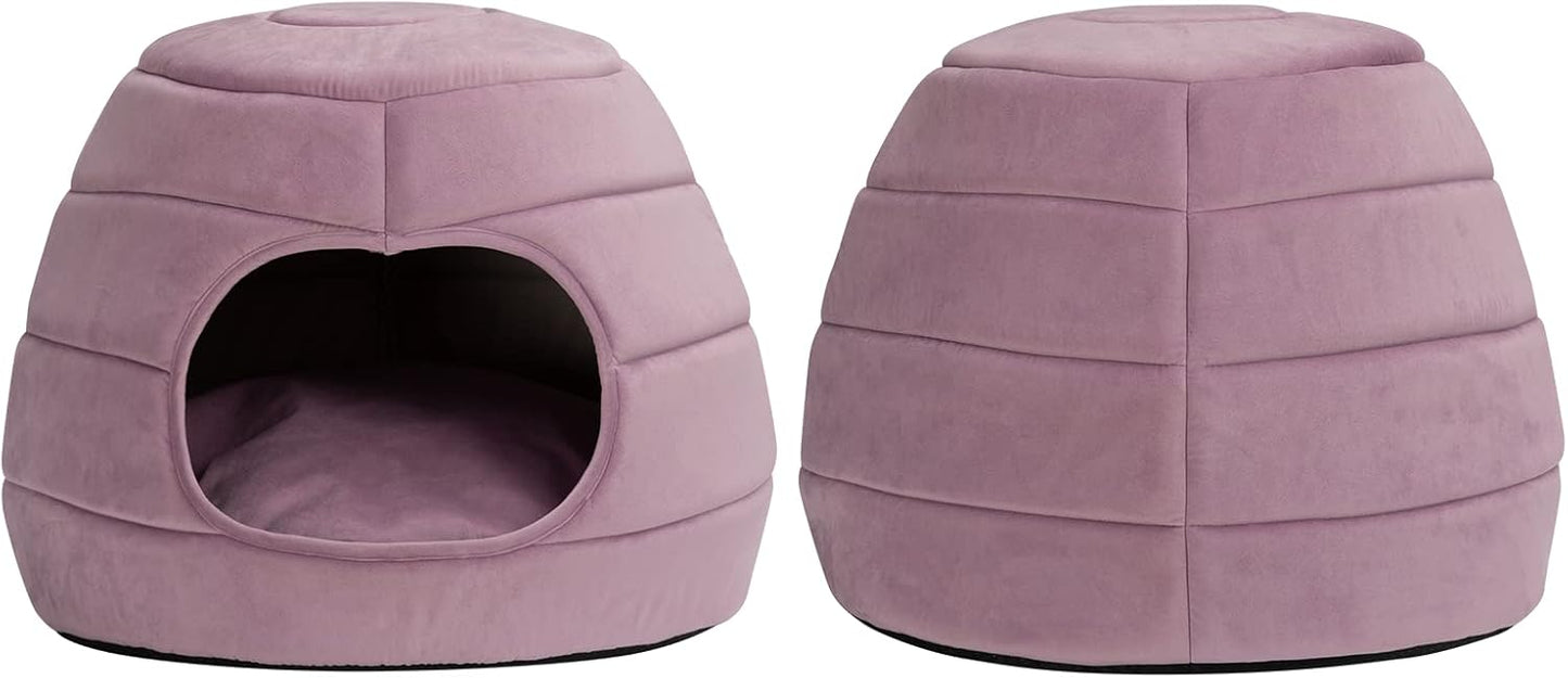 Patut caini si pisici 2 in 1, culcus pliabil pentru animale de companie mici, forma casuta si pat, din bumbac si tesatura de catifea, roz