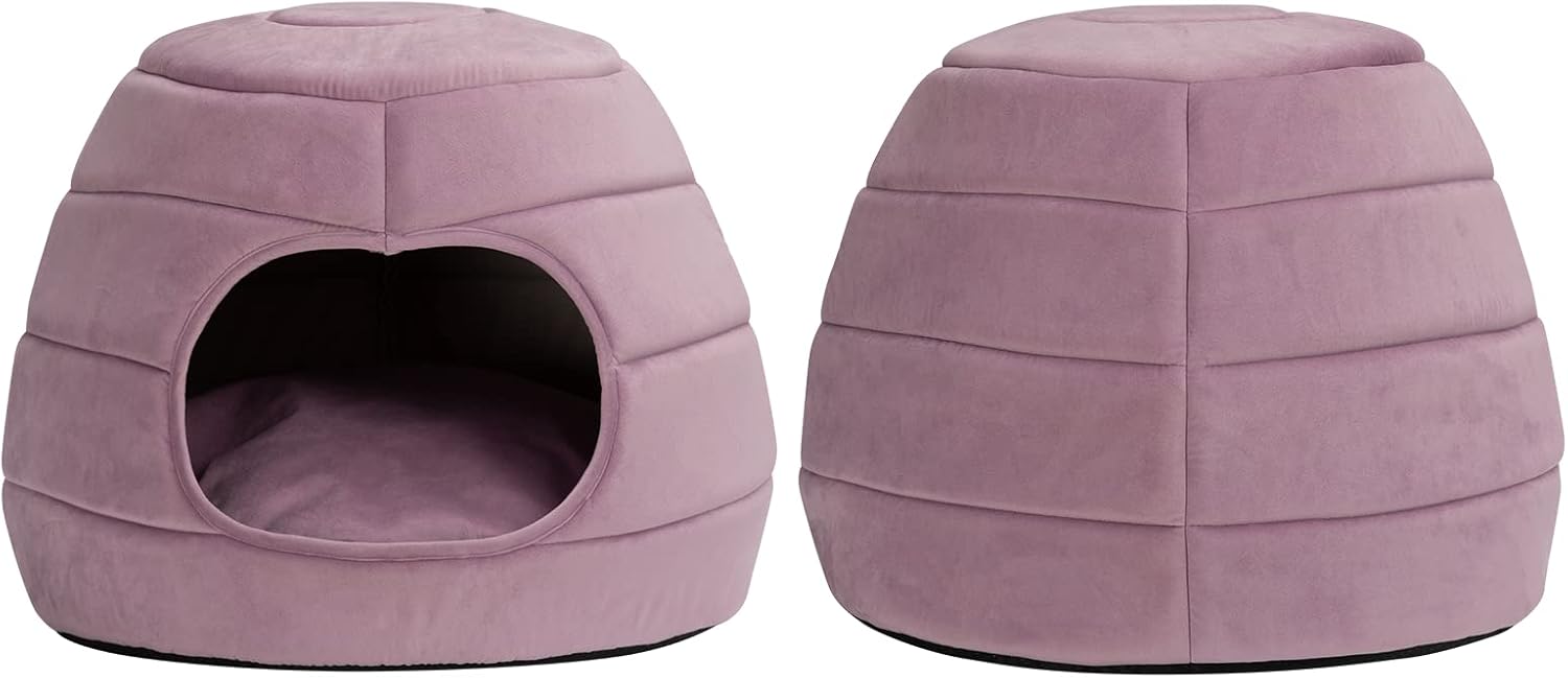 Patut caini si pisici 2 in 1, culcus pliabil pentru animale de companie mici, forma casuta si pat, din bumbac si tesatura de catifea, roz