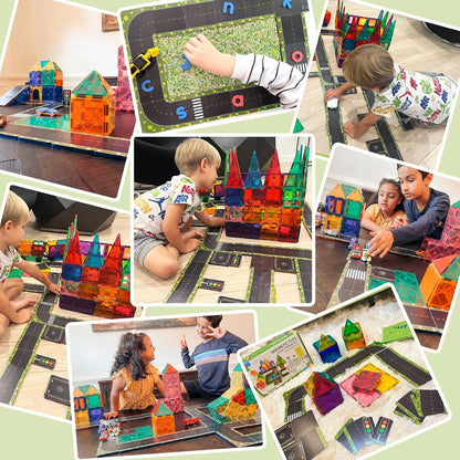 Set de constructie magnetic 3D, Road Toppers, 56 piese, Magnetic Tiles, jucarie educativa si creativa, multicolora, compatibil cu alte seturi 3D, pentru copii +3 ani