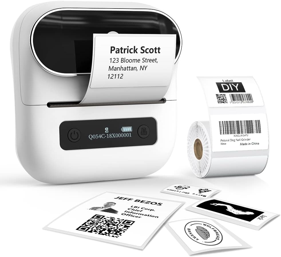 Imprimanta termica Bluetooth pentru etichete 20-75 mm, 203 DPI, utilizare prin aplicatie iOS si Android, portabila, acumulator 2200 mAh, pentru imbracaminte, bijuterii, vanzare cu amanuntul, adresa, cod de bare