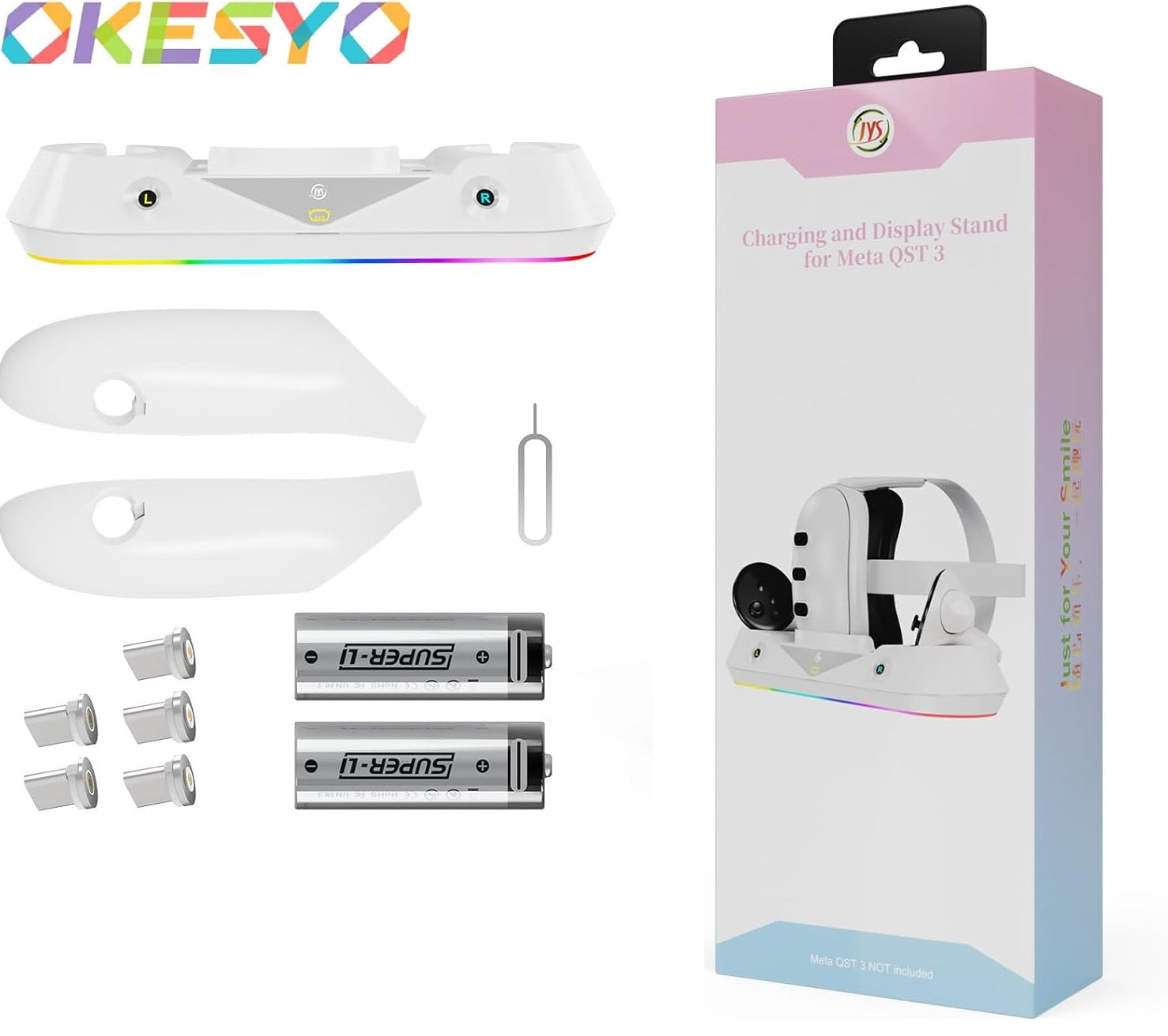 Statie de incarcare compatibila VR Meta Quest 3, pentru ochelari si controlere, cu lumini LED RGB, 2 acumulatori 1800 mAh si accesorii, alba