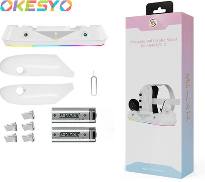 Statie de incarcare compatibila VR Meta Quest 3, pentru ochelari si controlere, cu lumini LED RGB, 2 acumulatori 1800 mAh si accesorii, alba