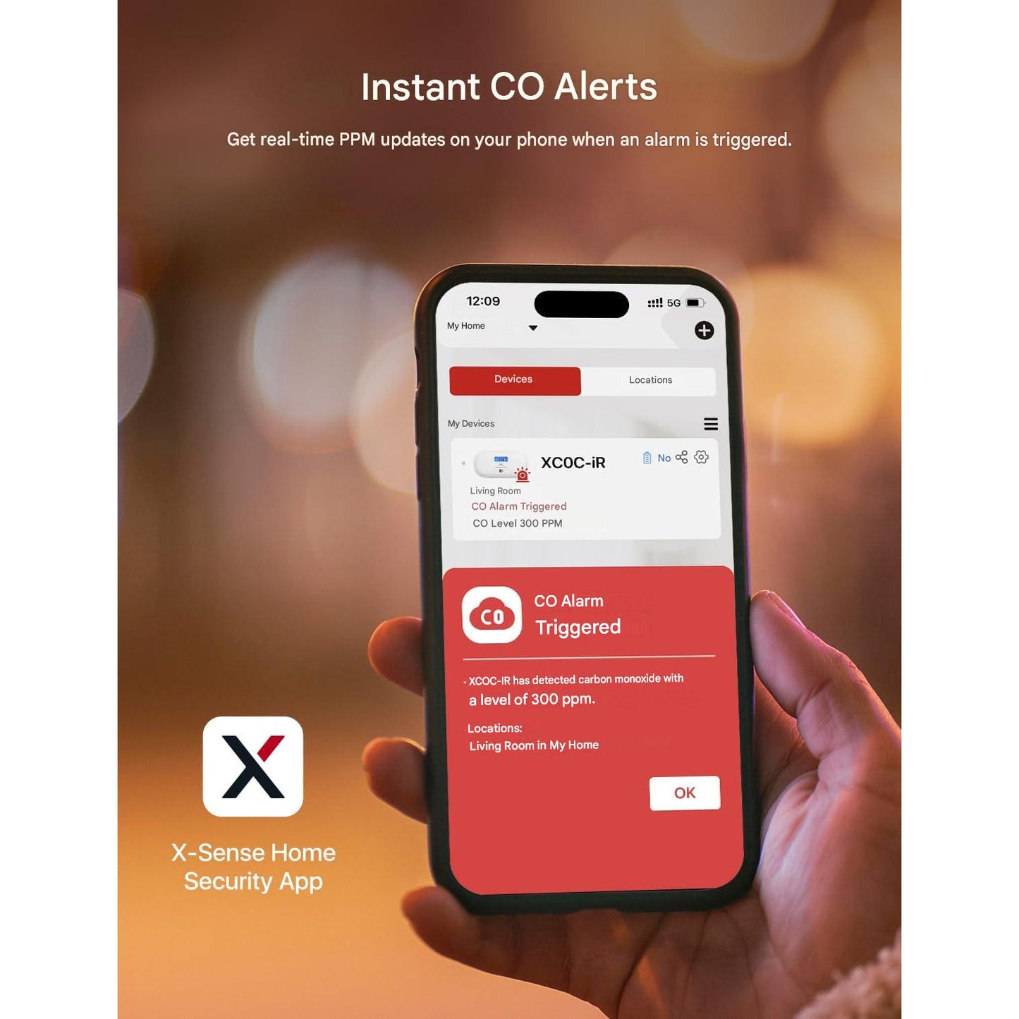Detector inteligent de monoxid de carbon X-Sense XC0C-iR, Wi-Fi 2.4GHz, senzor electrochimic, afisaj LCD, alerte in timp real pe telefon, baterie inlocuibila, montaj perete sau portabil