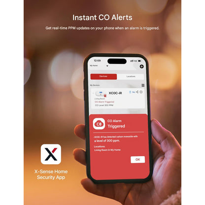 Detector inteligent de monoxid de carbon X-Sense XC0C-iR, Wi-Fi 2.4GHz, senzor electrochimic, afisaj LCD, alerte in timp real pe telefon, baterie inlocuibila, montaj perete sau portabil