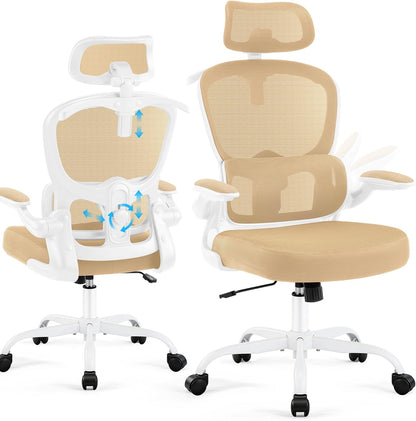 Scaun de birou ergonomic Coscendo, cu tetiera 3D reglabila si suport lombar ajustabil, inclinare 90°–120°, cotiere rabatabile 90°, reglabil pe inaltime, rotativ cu roti silentioase, sarcina maxima 130 kg, crem
