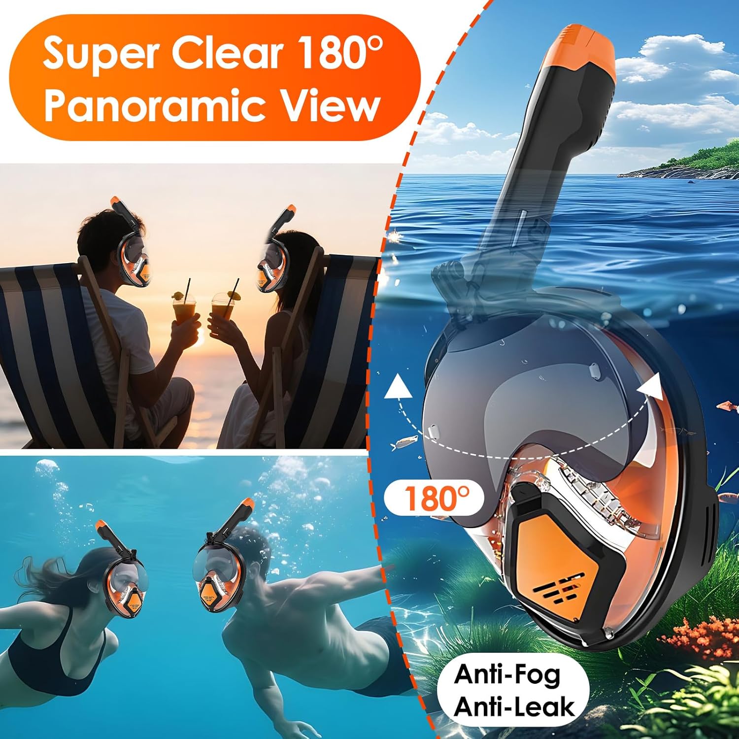 Masca de snorkeling si scufundari cu ochelari de soare pliabili, suport pentru ochelari, montura camera, vedere panoramica 180°, anti-aburire, full face, impermeabila