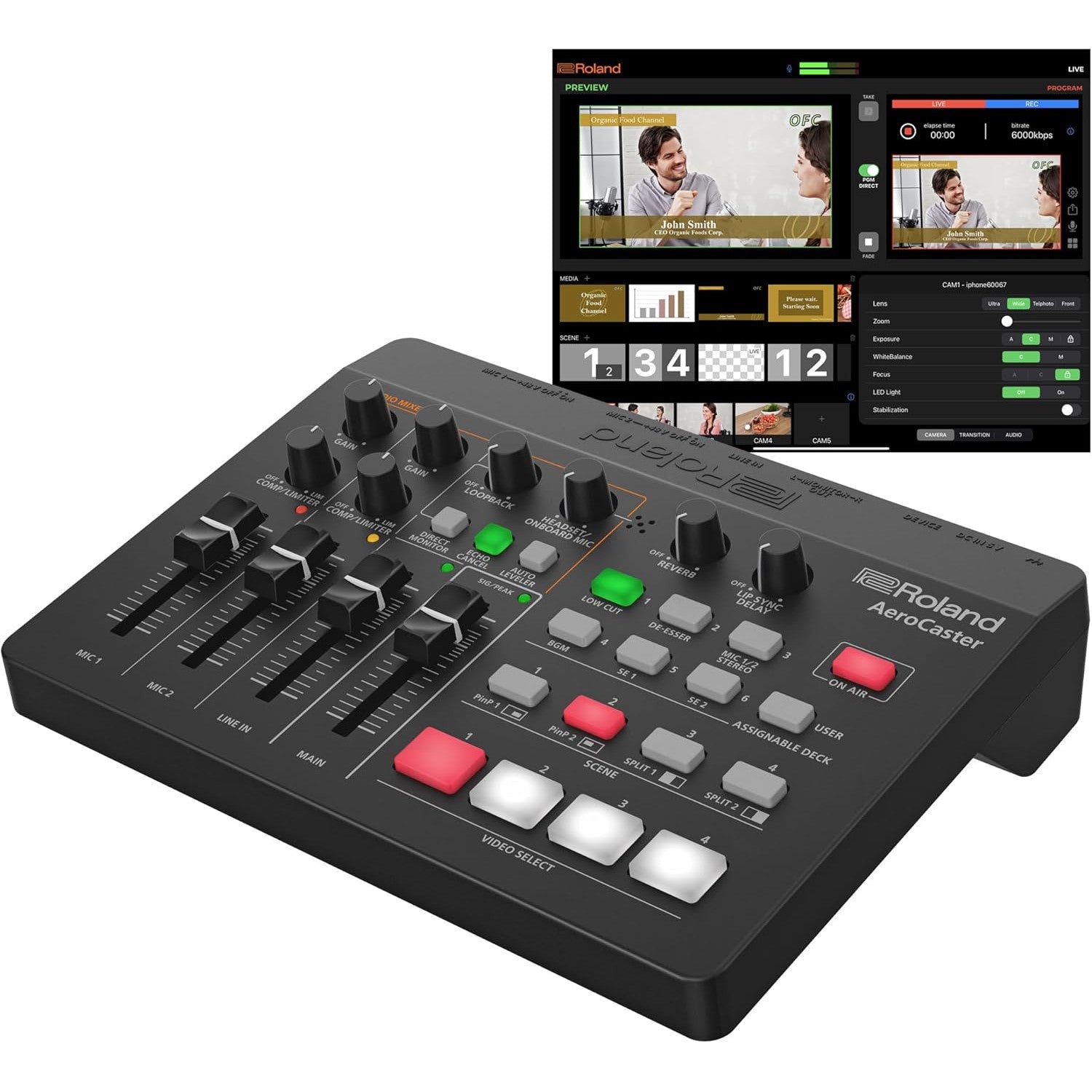 Sistem streaming live Roland AeroCaster VRC-01, sistem wireless multi-camera pentru transmisii video live, control hardware si interfata audio, compatibil iPad si smartphone, streaming YouTube/Facebook/Twitch, pana la 4 camere simultan, efecte tranzitie