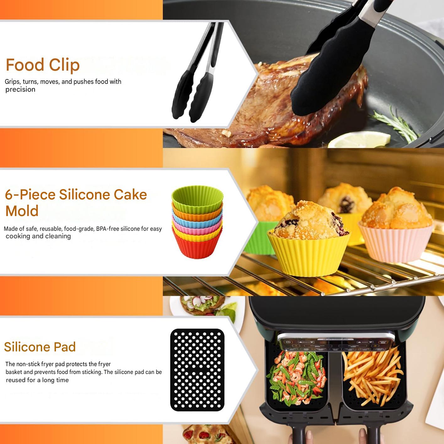 Set 17 accesorii pentru friteuza cu aer cald Ninja Foodi AF300EU, AF400EU, AF500EU, dual zone 7.6L-9.5L, silicon alimentar fara BPA si inox 304, 2 insertii silicon, gratar pentru gatit si frigarui, forme briose, manusi, cleste si 100 foi hartie de copt