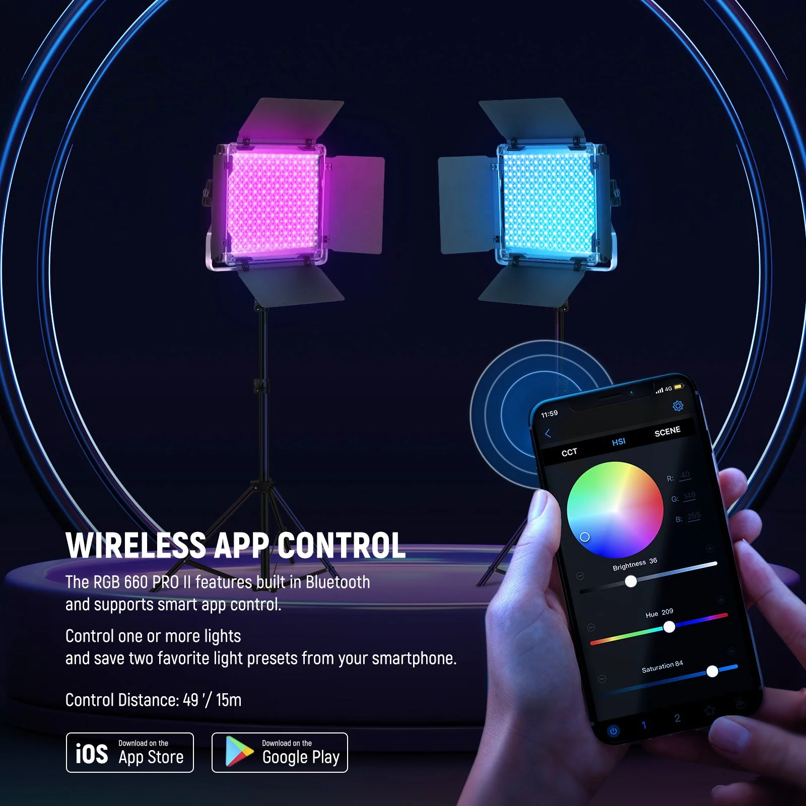 Kit lumina continua, 2 lampi foto-video 660 Pro II, LED RGB, CRI97+, control prin aplicatie, 50W, dimabile 1-100%, temperatura culoare reglabila 3200-5600 K, alimentare duala, 9 efecte de scena