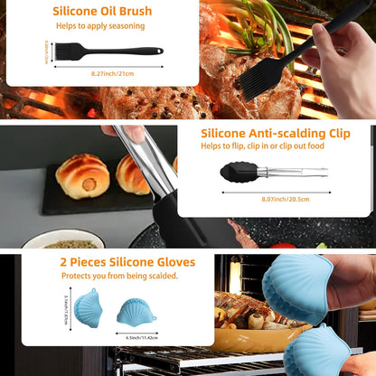 Set accesorii friteuza aer cald, 12 piese, compatibile cu Airfryer 7.6 litri, cu gratare, cleste, tavi silicon, perie pentru ulei, protectie de silicon, universal