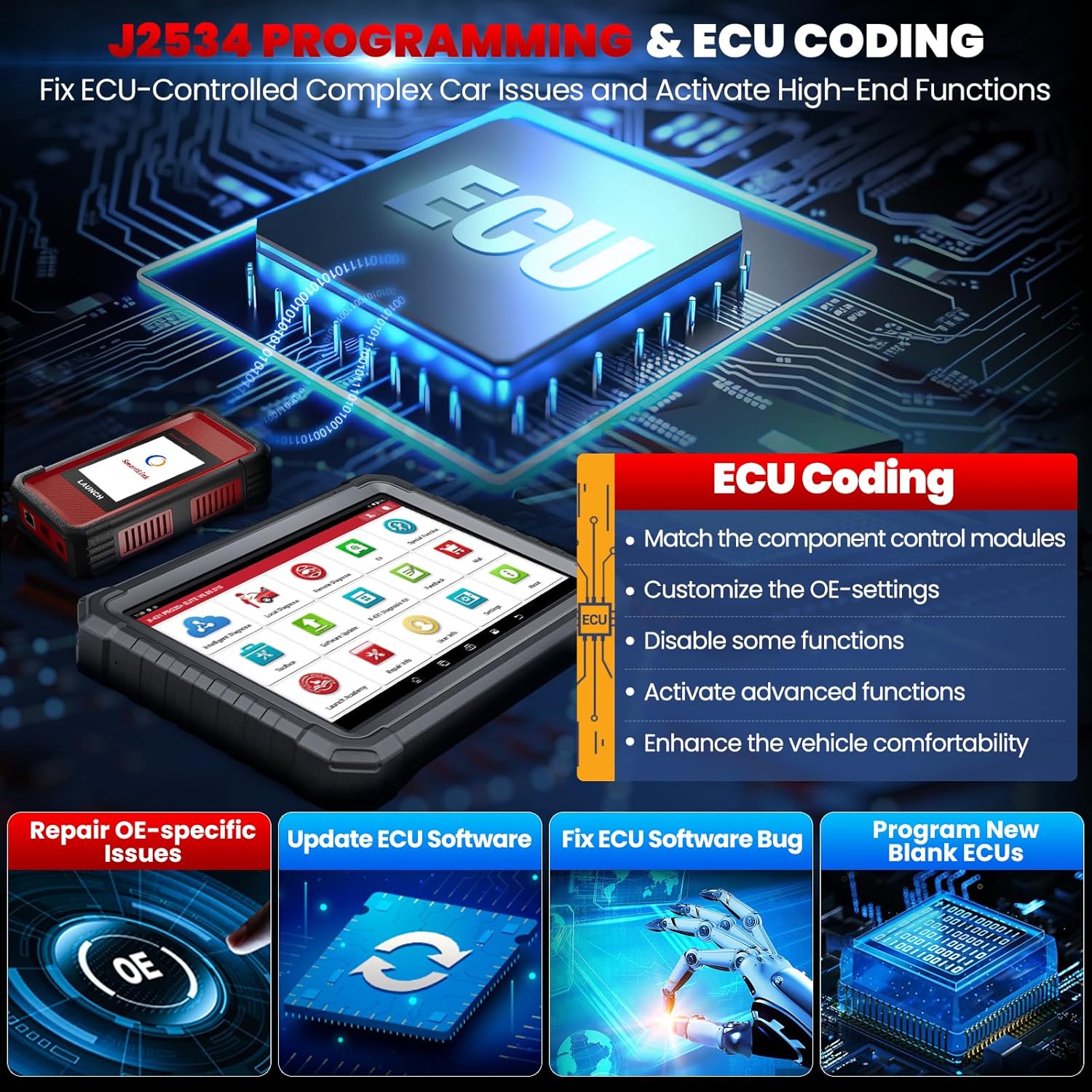 Tester auto profesional OBD2 cu codare ECU, control bidirectional, diagnoza la nivel OE, resetare 60+ sisteme, J2534, CANFD, DOIP, FCA SGW, cu Bluetooth, WiFi, acumulator 12600 mAh, 4GB RAM, 64GB ROM si touchscreen 10.1 inch, LAUNCH X431 PRO3S+ Elite
