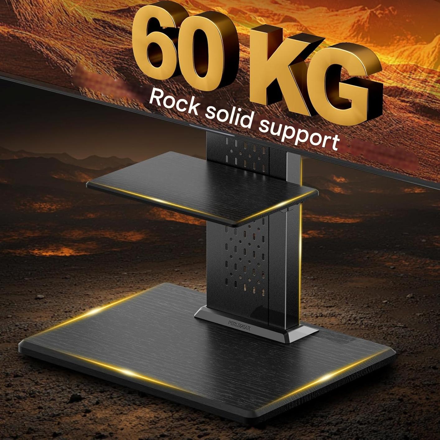 Suport TV, stand pentru televizor 32-86 inch, VESA 600 x 400 mm, pana la 60 kg, 6 reglaje de inaltime cu raft, baza eleganta din lemn