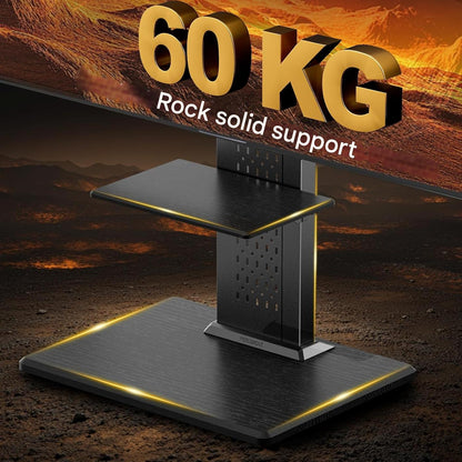Suport TV, stand pentru televizor 32-86 inch, VESA 600 x 400 mm, pana la 60 kg, 6 reglaje de inaltime cu raft, baza eleganta din lemn