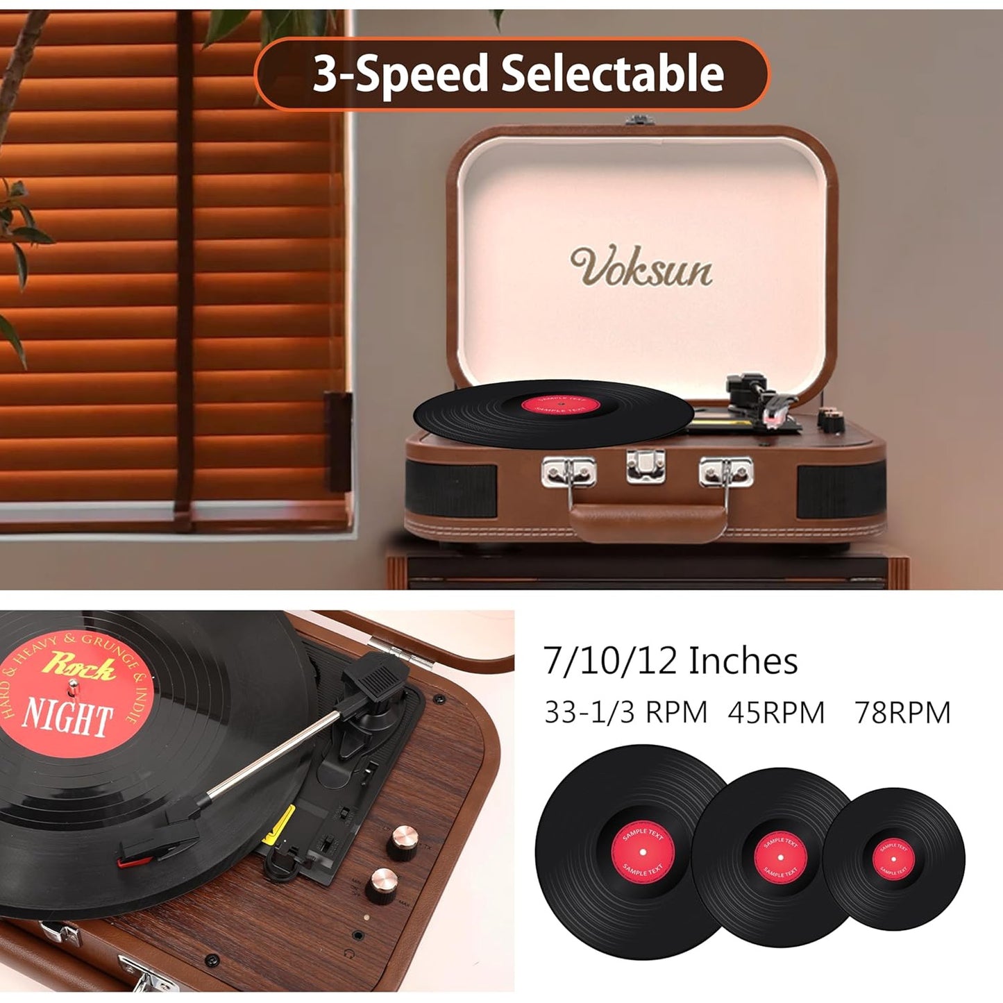 Pick-up Bluetooth 5.4, 3 viteze 33/45/78 rpm, AUX, USB, 2 difuzoare stereo incorporate, pentru vinyl 7/10/12 inch, functie inregistrare, design tip servieta, maro