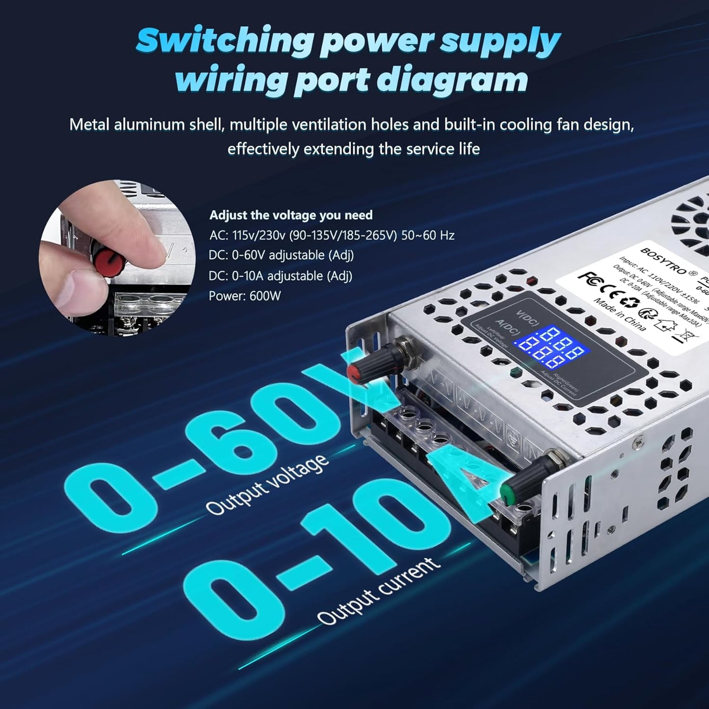 Sursa de alimentare modulara reglabila 0-60V, 0-10A, AC 110V/220V, 600W, cu display, ventilata, carcasa din aluminiu, pentru banda LED, sisteme supraveghere video, automatizari