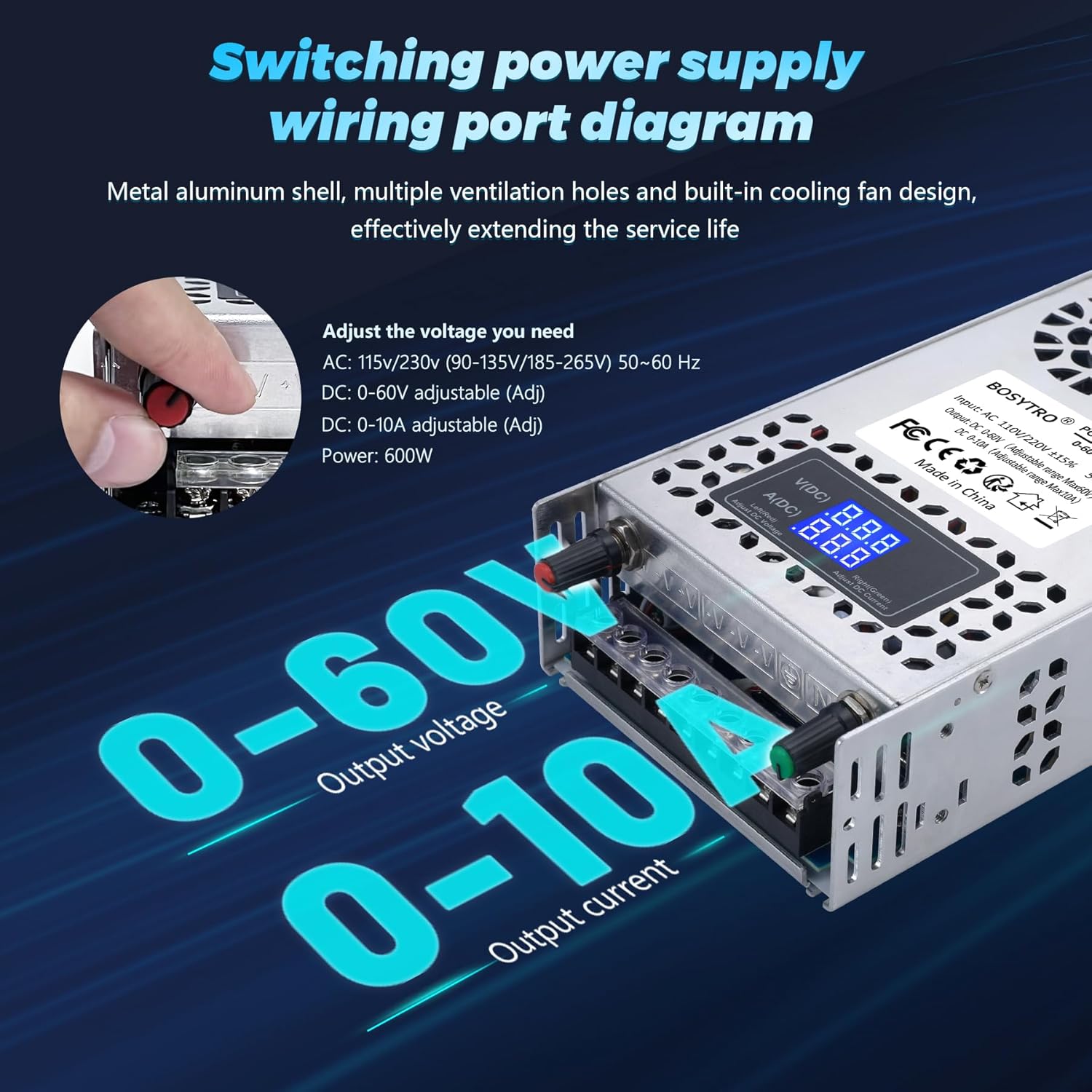 Sursa de alimentare modulara reglabila 0-60V, 0-10A, AC 110V/220V, 600W, cu display, ventilata, carcasa din aluminiu, pentru banda LED, sisteme supraveghere video, automatizari