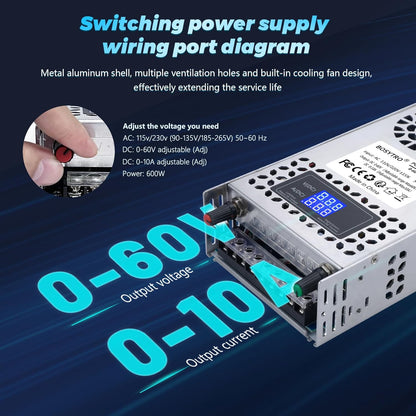 Sursa de alimentare modulara reglabila 0-60V, 0-10A, AC 110V/220V, 600W, cu display, ventilata, carcasa din aluminiu, pentru banda LED, sisteme supraveghere video, automatizari