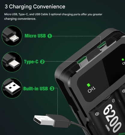Set 2 acumulatori Xbox Ni-MH 6200mWh HELLCOOL + statie de incarcare duala USB-C, compatibili Xbox Series X/S, Xbox One S/X/Elite, baterii reincarcabile, indicator LED