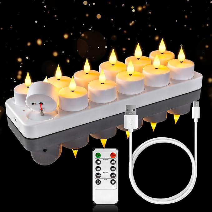Set 12 lumanari LED reincarcabile, cu statie de incarcare si telecomanda, 120 mAh, efect de flacara, temporizator, dimabile, pentru Halloween, Craciun, nunta, petrecere