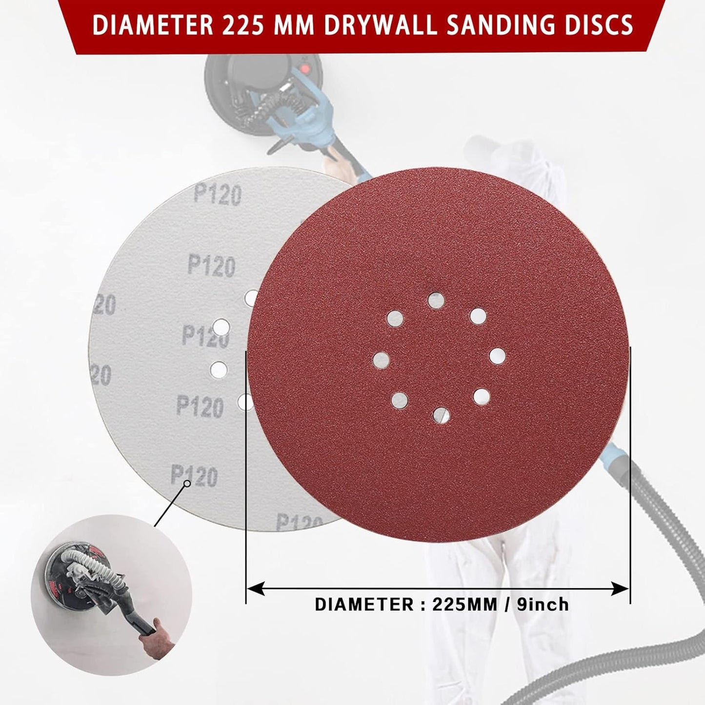 Set 50 disc abraziv 225 mm pentru slefuitor pereti cu 8 gauri, hartie abraziva cu granulatie P40/60/80/120/240, 10 buc fiecare, smirghel cu prindere prin Velcro