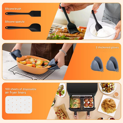 Set 17 accesorii pentru friteuza cu aer cald Ninja Foodi AF300EU, AF400EU, AF500EU, dual zone 7.6L-9.5L, silicon alimentar fara BPA si inox 304, 2 insertii silicon, gratar pentru gatit si frigarui, forme briose, manusi, cleste si 100 foi hartie de copt