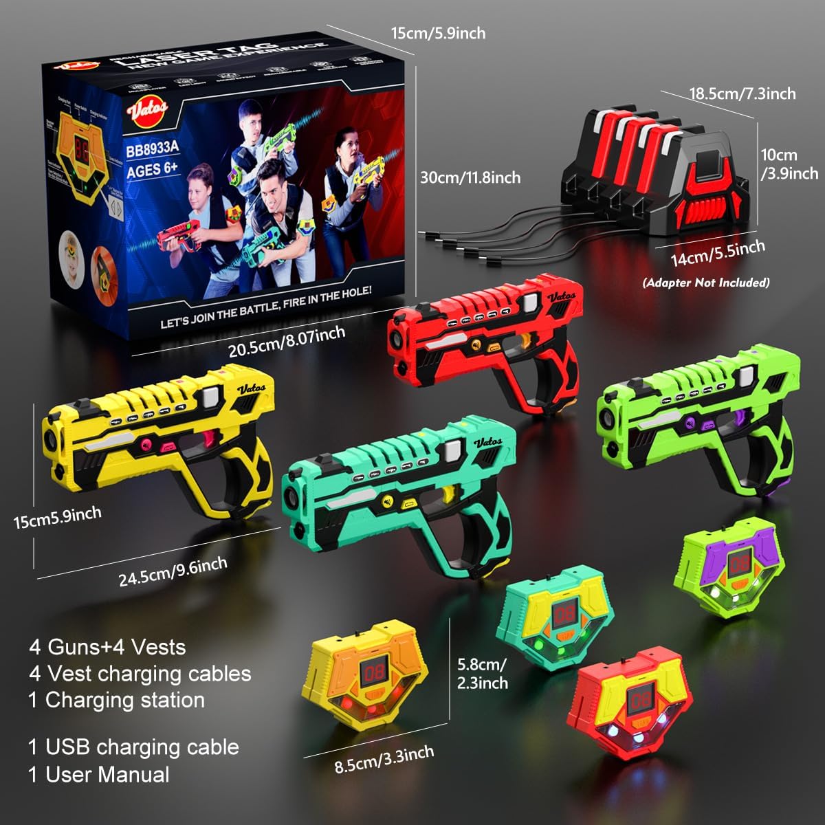Set pistol infrared Laser Tag, 4 arme de jucarie 2.4 GHz cu 4 receptoare, display LED, 5 moduri tragere, statie de incarcare, infrarosu, interactiv, pentru interior si exterior