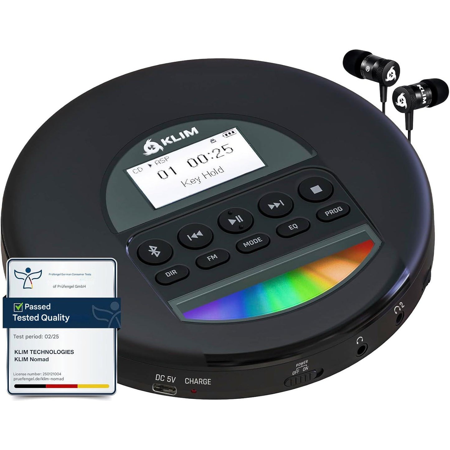 CD Player portabil KLIM Nomad Discman, Bluetooth, radio FM, MP3, cititor TF, baterie reincarcabila, casti Incluse, compatibil CD-R/CD-RW, AUX auto, negru