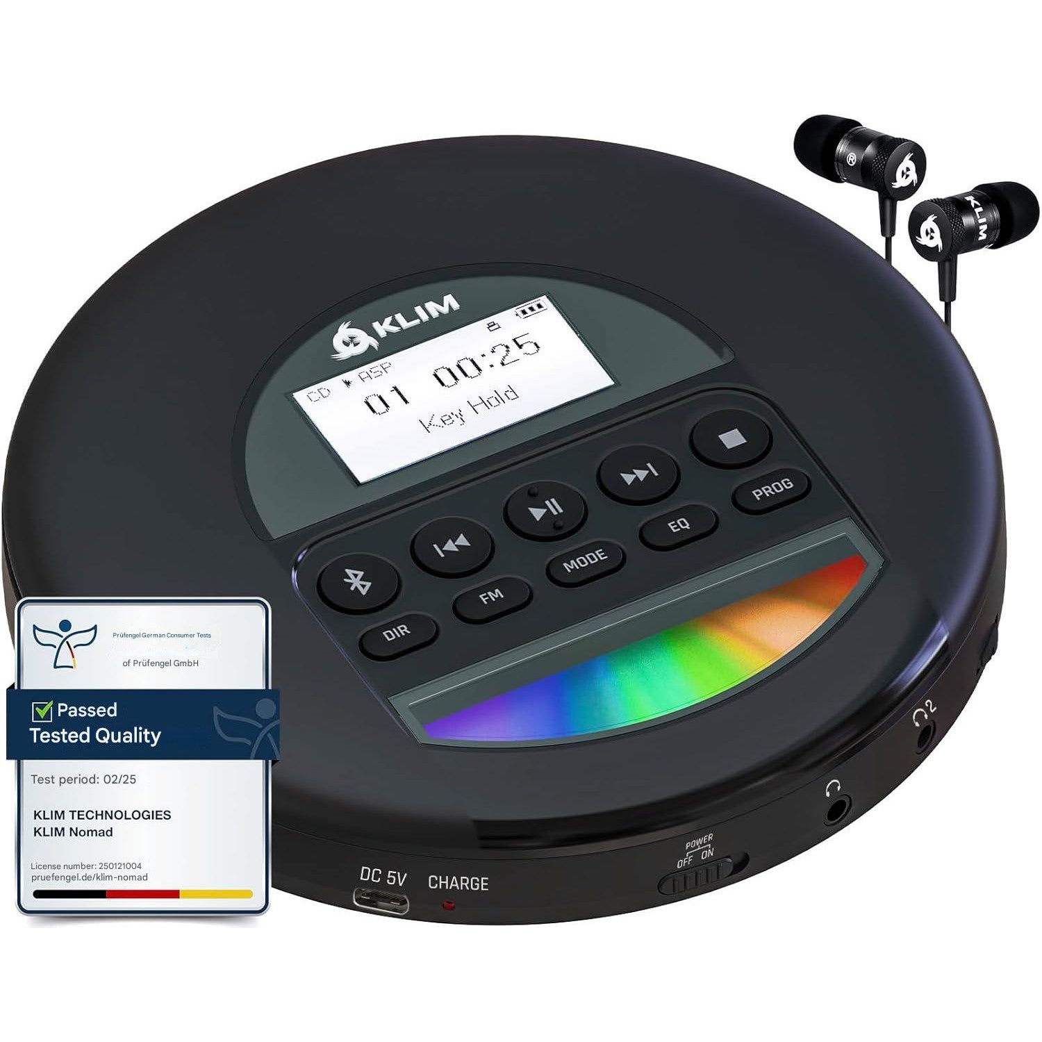 CD Player portabil KLIM Nomad Discman, Bluetooth, radio FM, MP3, cititor TF, baterie reincarcabila, casti Incluse, compatibil CD-R/CD-RW, AUX auto, negru