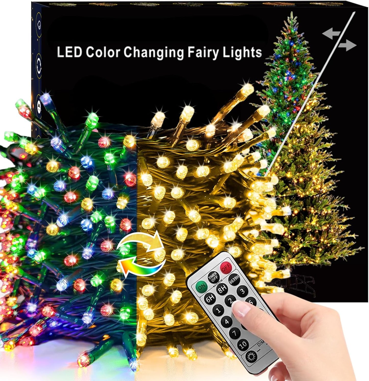 Instalatie brad Craciun LED pentru interior si exterior, de 60 metri, cu telecomanda, alb cald si multicolor, luminozitate reglabila, 11 moduri iluminare, impermeabil IP44