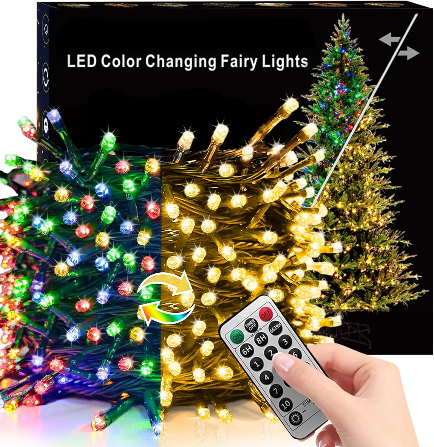 Instalatie brad Craciun LED pentru interior si exterior, de 60 metri, cu telecomanda, alb cald si multicolor, luminozitate reglabila, 11 moduri iluminare, impermeabil IP44