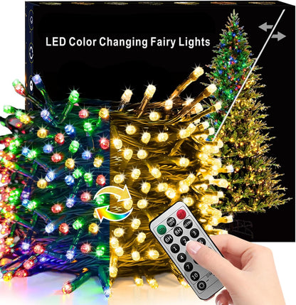 Instalatie brad Craciun LED pentru interior si exterior, de 60 metri, cu telecomanda, alb cald si multicolor, luminozitate reglabila, 11 moduri iluminare, impermeabil IP44
