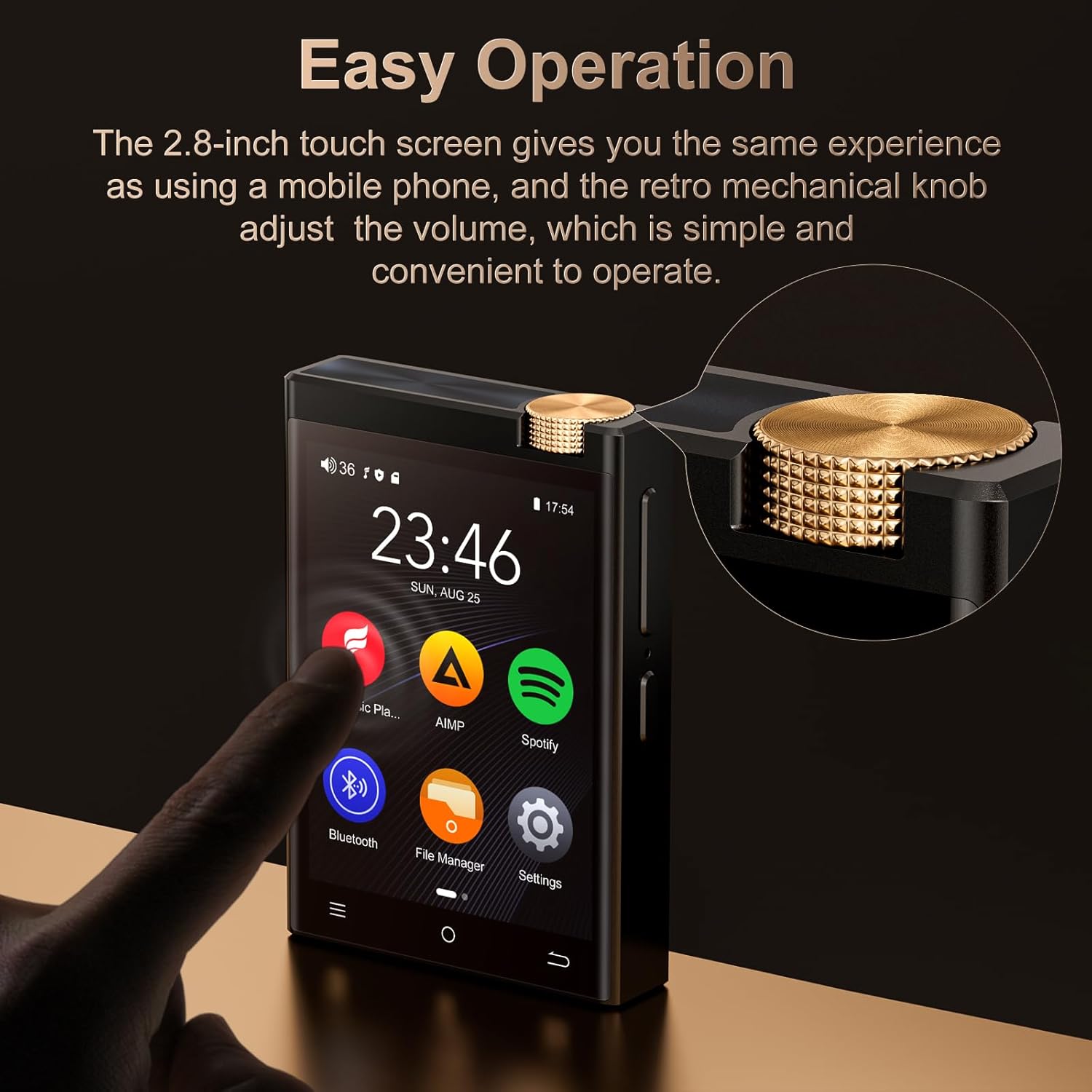 MP3 Player 80GB, Bluetooth V4.1, Wifi, ecran 2, 8 inch, sunet HiFi, Lossless DSD512, acumulator 1450 mAh, 15 ore de redare, memorie 16 GB si card 64 GB, suporta card pana la 1 TB, cu Android Spotify