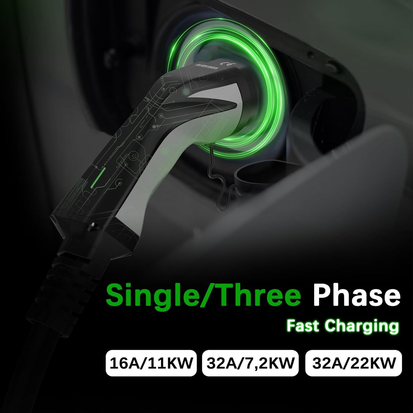 Cablu de incarcare EV pentru masini electrice, de 10 m, 22 kW 32 A, Trifazat, impermeabil IP 66, Type 2 la Type 2, EV/PHEV, cu geanta de depozitare si transport