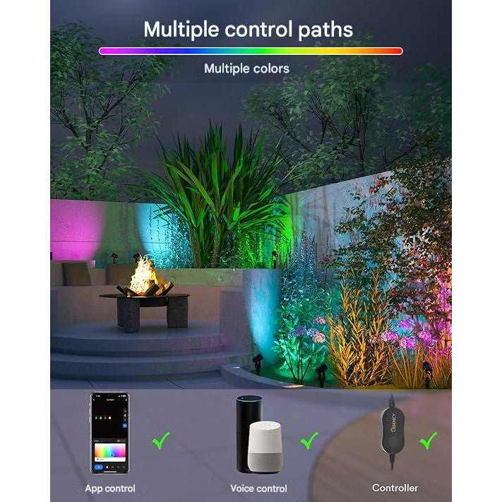 Set 6 lampi pentru gradina smart, RGBW+IC LED, proiector cu controller, compatibil Alexa si Google Assistant, sincronizare muzicala si temporizator prin aplicatie, Iluminat exterior pentru gradina, curte, petrecere, copaci, cu tarus si cablu de 16.5 m