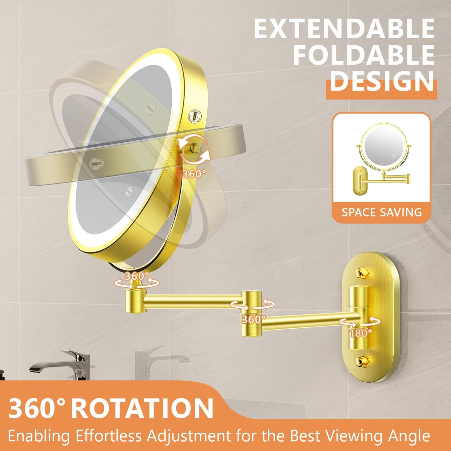 Oglinda cosmetica iluminata LED, marire 1X/20X, luminozitate reglabila, 3 moduri iluminare, reincarcabila, cu doua fete, buton tactil, rotativa 360°, aurie