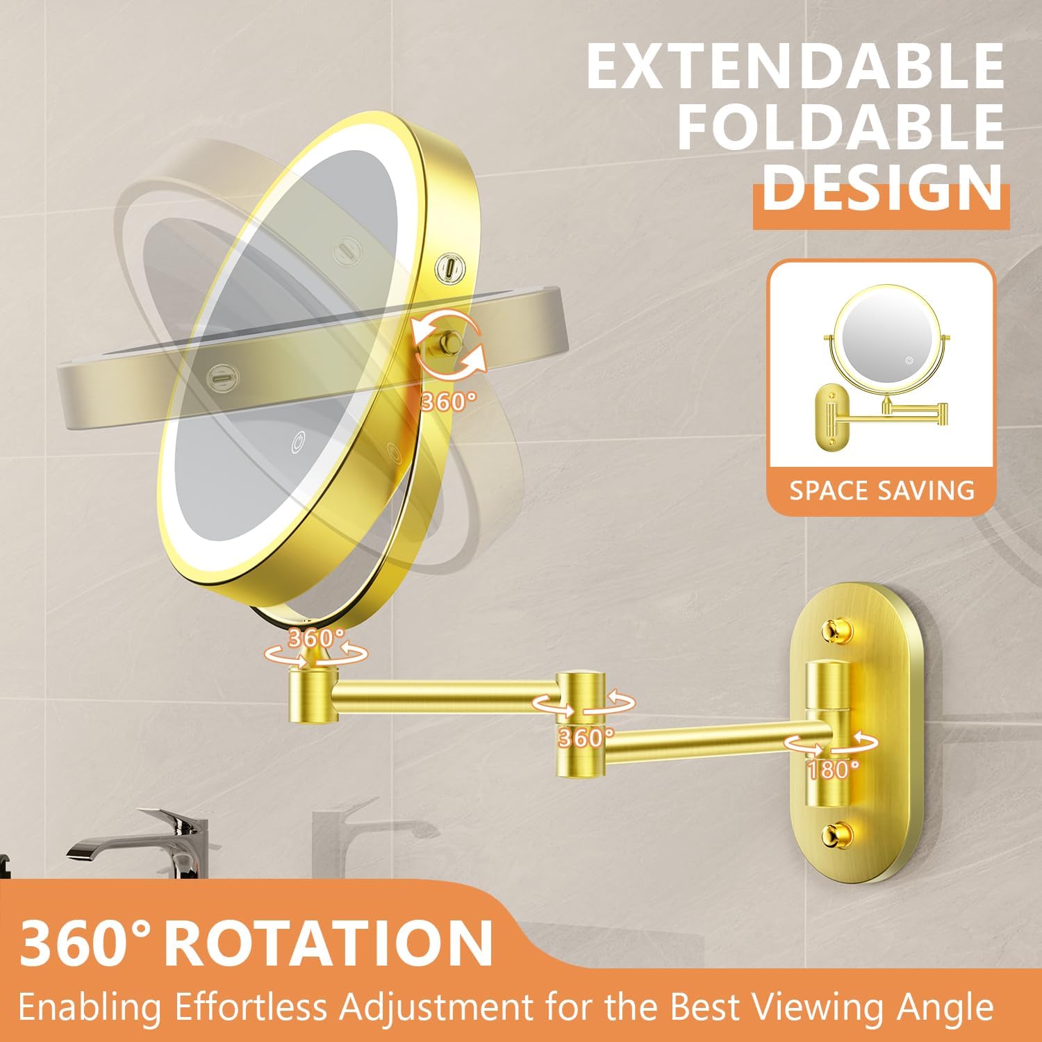 Oglinda cosmetica iluminata LED, marire 1X/20X, luminozitate reglabila, 3 moduri iluminare, reincarcabila, cu doua fete, buton tactil, rotativa 360°, aurie