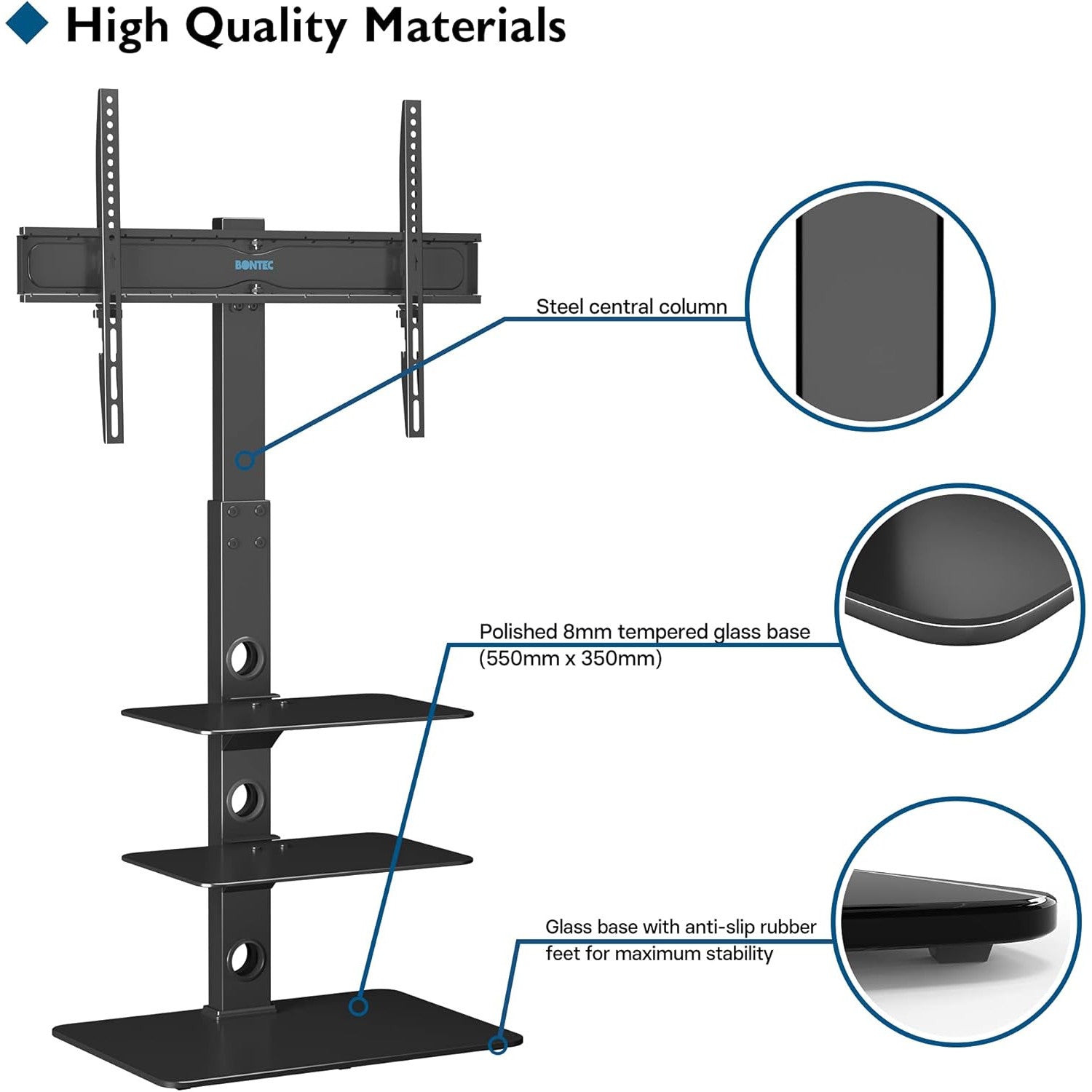 Suport TV, stand pentru televizor 30-70 inch plat si curbat, VESA 600 x 400 mm, greutate suportata 40 kg, inaltime reglabila, brat pivotant, rafturi din sticla, negru