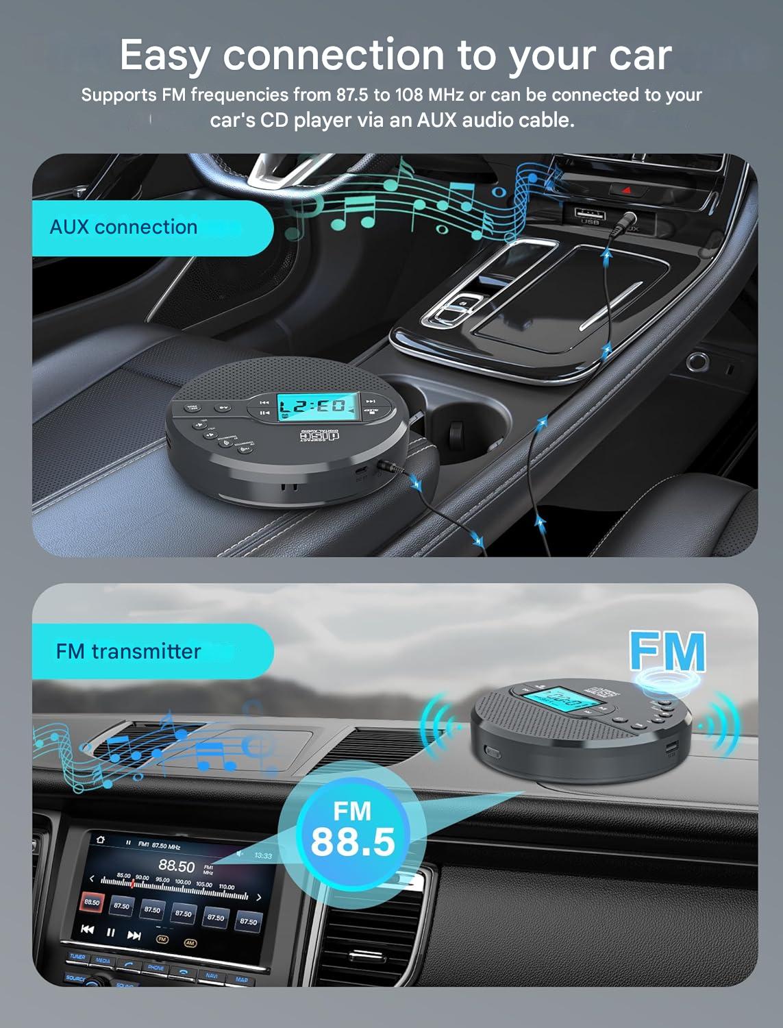 CD Player portabil Discman cu bluetooth si transmitator FM, baterie 2000 mAh, ecran LCD, difuzor incorporat, AUX si USB, anti-soc si anti-skip, cu casti, pentru masina si uz portabil