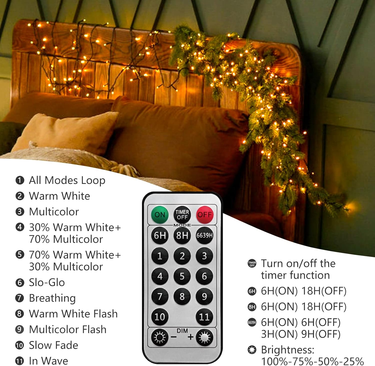 Instalatie brad Craciun LED pentru interior si exterior, de 60 metri, cu telecomanda, alb cald si multicolor, luminozitate reglabila, 11 moduri iluminare, impermeabil IP44