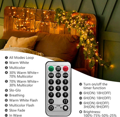 Instalatie brad Craciun LED pentru interior si exterior, de 60 metri, cu telecomanda, alb cald si multicolor, luminozitate reglabila, 11 moduri iluminare, impermeabil IP44
