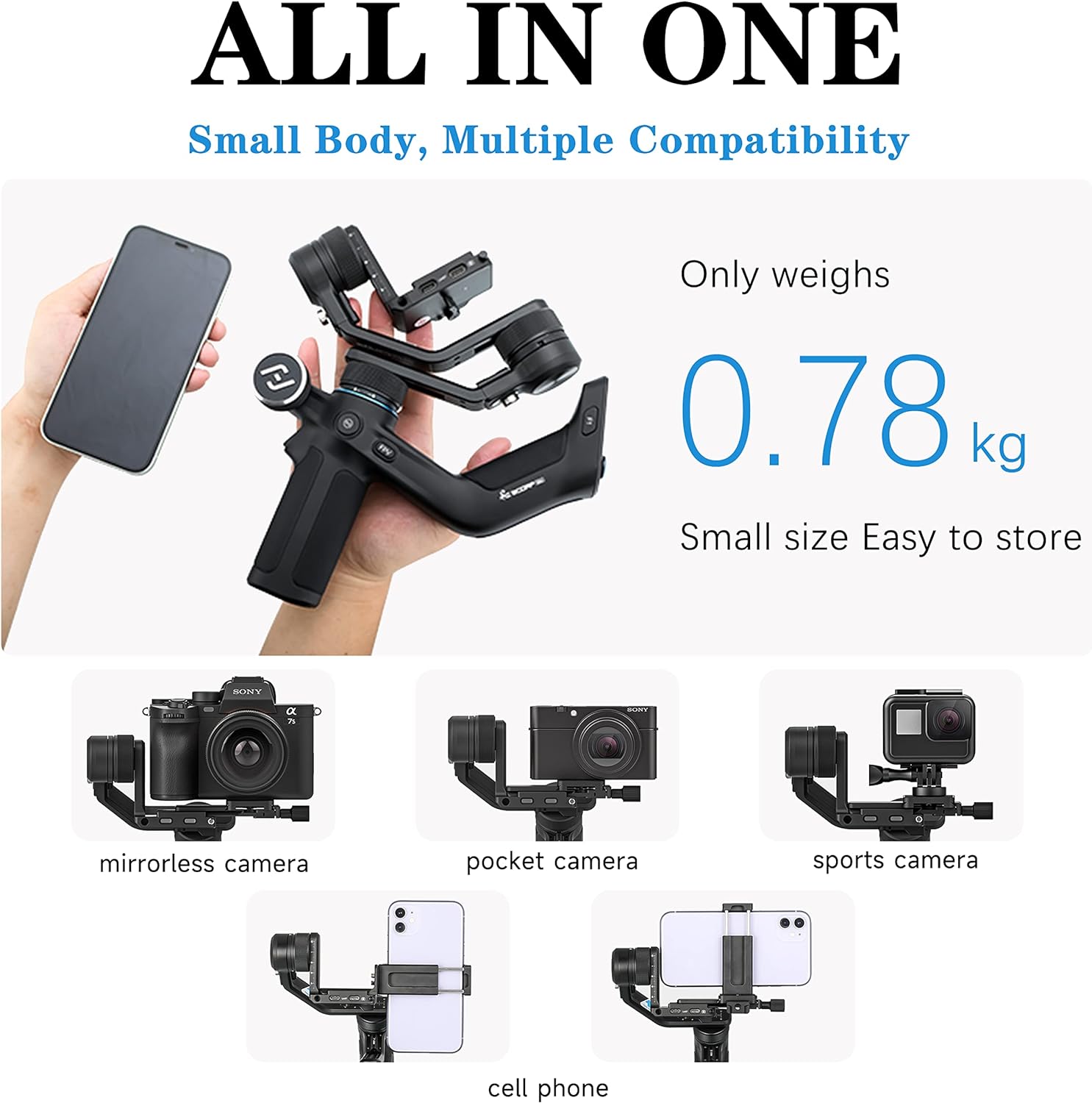 Sistem stabilizare imagine 4 in 1, stabilizator Gimbal cu 3 axe, display 1.3 inch, Fast Charge, rotita multifunctionala, incarcare pana la 1.2 kg, pentru camera de actiune, GoPro, smartphone, camera video, Scorp Mini