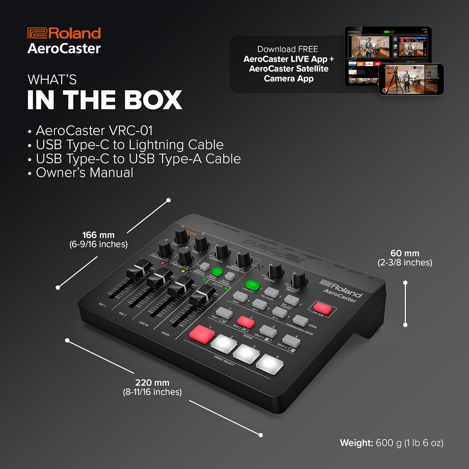 Sistem streaming live Roland AeroCaster VRC-01, sistem wireless multi-camera pentru transmisii video live, control hardware si interfata audio, compatibil iPad si smartphone, streaming YouTube/Facebook/Twitch, pana la 4 camere simultan, efecte tranzitie